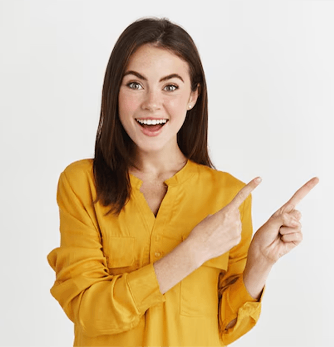 Smiling woman pointing enthusiastically at something